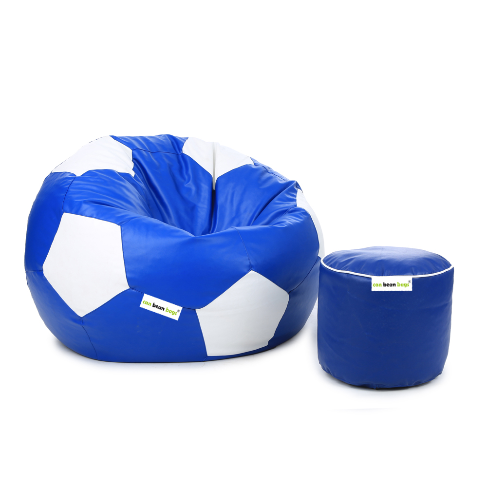 Orka Classic XXXL Foorball With Mathching Footstool Filled Bean Bag With Beans (Blue, White)